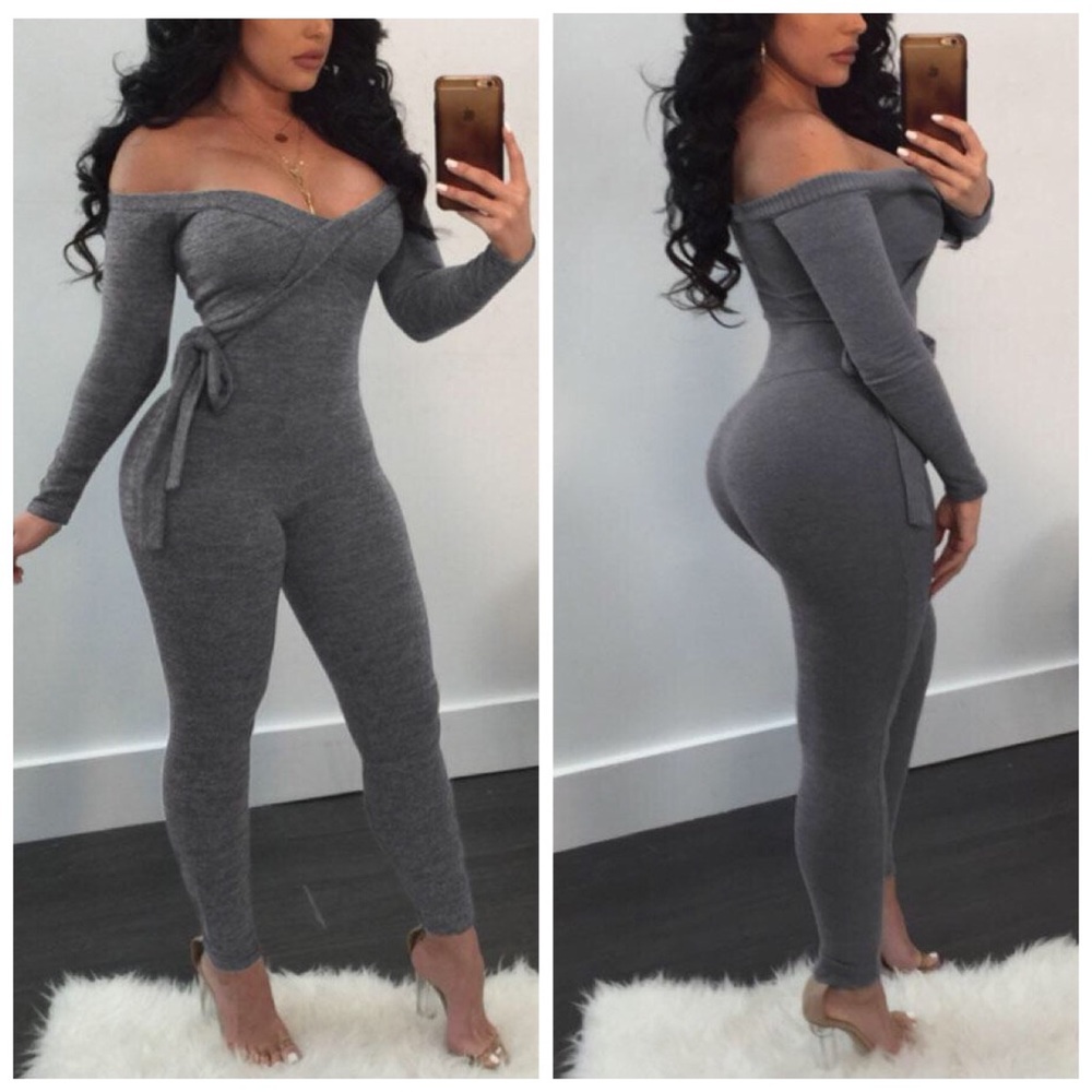 Jessie~Grey Off The Shoulder Sweater Jumpsuit.